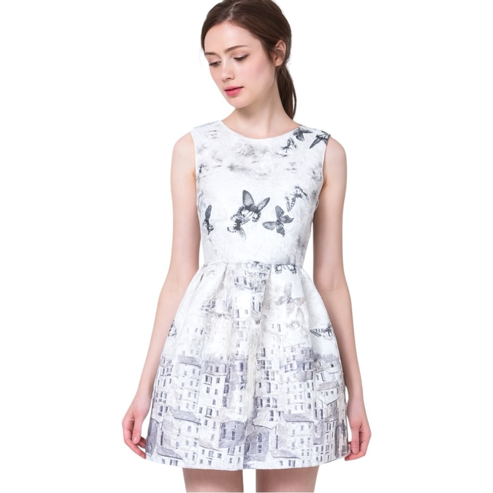 Surreal Butterfly City Print Fit & Flare Mini Dress Medium Jacquard Textured Art